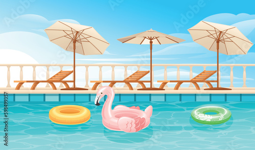 Fototapeta Naklejka Na Ścianę i Meble -  Hotel swimming pool or resort outdoor wooden lounger umbrella inflatable flamingo and ball vector illustration