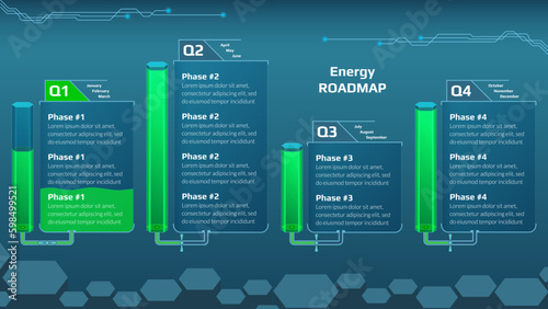 Horizontal quarterly roadmap for game project with energy tanks to show progress on blue background. Timeline infographic template for business presentation. Vector.