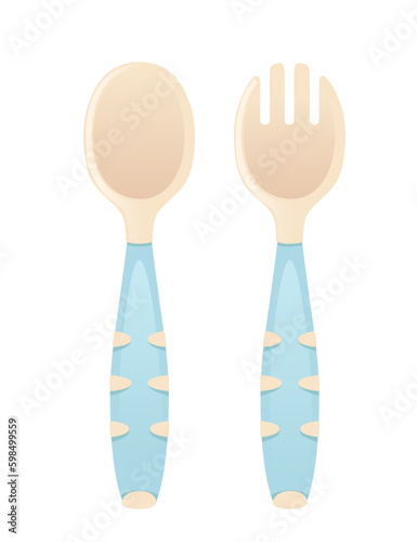 Baby plastic spoon fork for safety eating vector illustration isolated on white background