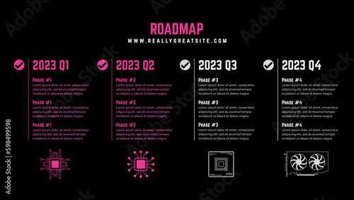 Horizontal quarterly roadmap with milestones and technical clipart on a black background. Timeline infographic template for business presentation.