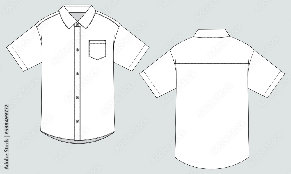 Short sleeve woven fabric shirt technical drawing fashion flat sketch ...