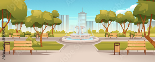 Landscape design park isometric colored composition with part of the park with fountains and green trees around vector illustration
