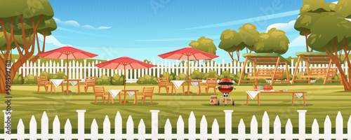 Backyard with wooden fence hedge and chair with tables bbq grill sunny summer sky on background vector illustration