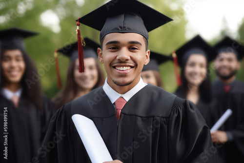 Young male hispanic graduate student against university background, AI generated Generative AI