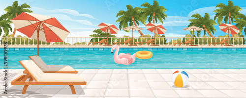 Fotografija Swimming pool in hotel or resort outdoors, empty poolside with chaise lounges, umbrella, inflatable flamingo and ball in water, exotic beach landscape seaview background
