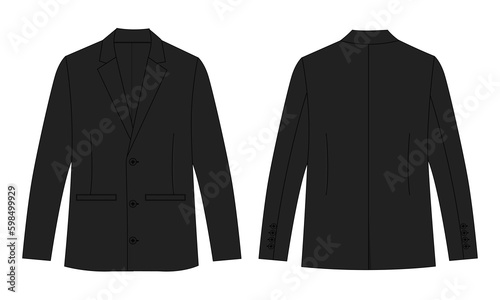 Long sleeve black color blazer suit technical drawing fashion flat sketch vector illustration template front and back views isolated on white background