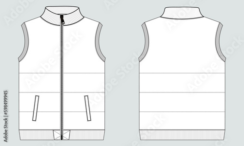 Fleece sweat jersey vest technical drawing fashion flat sketch vector illustration template front and back views isolated on grey background