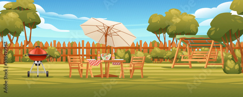 Backyard with wooden fence hedge and chair with tables bbq grill sunny summer sky on background vector illustration