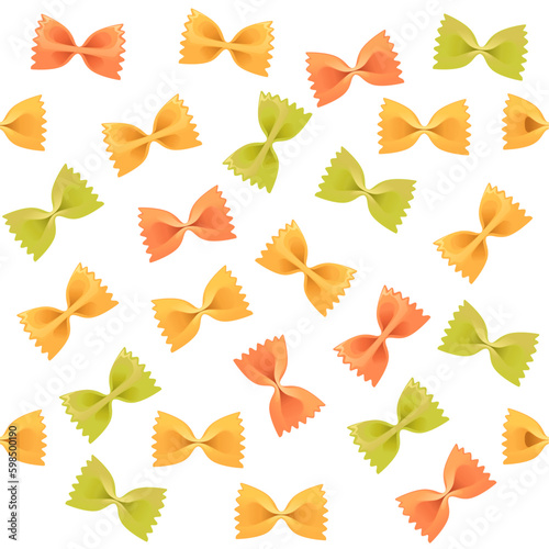 Seamless pattern colored pasta farfalle staples vector illustration on white background