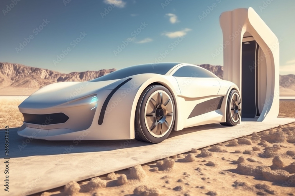refueling drive transport transportation auto automotive futuristic electric car desert. Generative AI. Generative AI