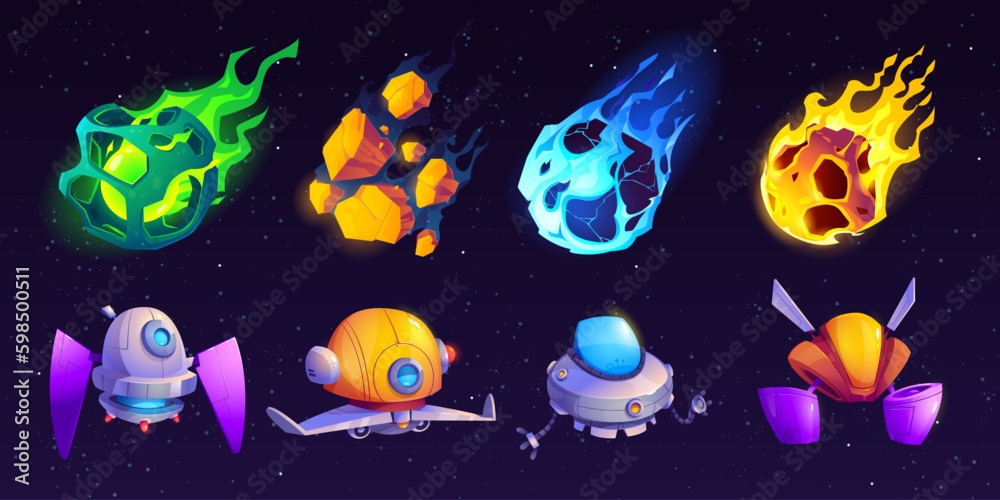 Vector galaxy falling asteroid and alien spaceship cartoon set on space background with star and planet. Meteorite and comet booster tail icon illustration and fantastic spacecraft clipart collection - obrazy, fototapety, plakaty 