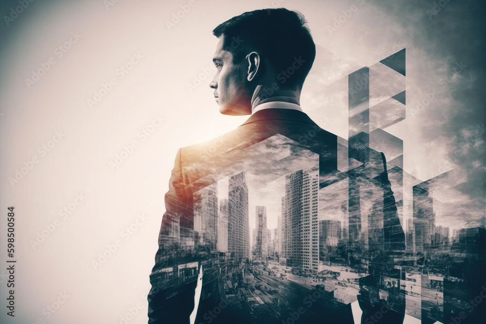 Φωτογραφία Ambitious businessman portrait plan financial or real estate strategy with double exposure urban cityscape skyscraper background as concept for commercial district concept