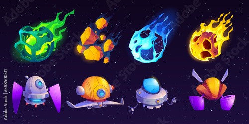 Fototapeta Naklejka Na Ścianę i Meble -  Vector galaxy falling asteroid and alien spaceship cartoon set on space background with star and planet. Meteorite and comet booster tail icon illustration and fantastic spacecraft clipart collection
