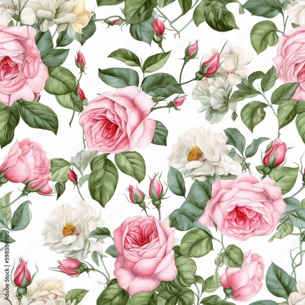 beautiful flower composition wallpaper of large roses pastel color on a white and clean background seamless pattern, Generative AI