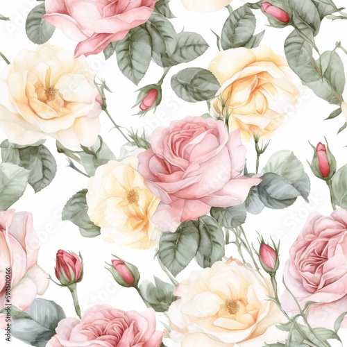 beautiful flower composition wallpaper of large roses pastel color on a white and clean background seamless pattern  Generative AI