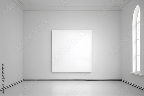 Empty white room with a window and blank poster. Mockup. AI Generative