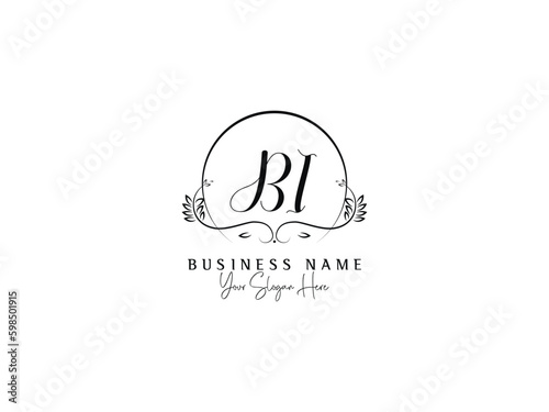 Signature Letter BI b i Logo Icon, Minimal Circle Bi ib Luxury Feminine Logo Template