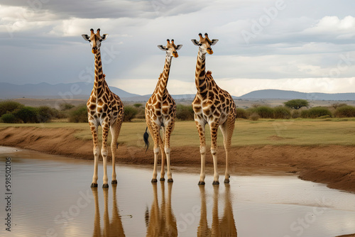 Three reticulated giraffes wait in line at waterhole photo