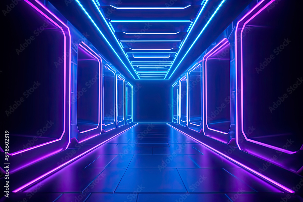 3d render, blue neon abstract background, ultraviolet light, night club empty room interior
