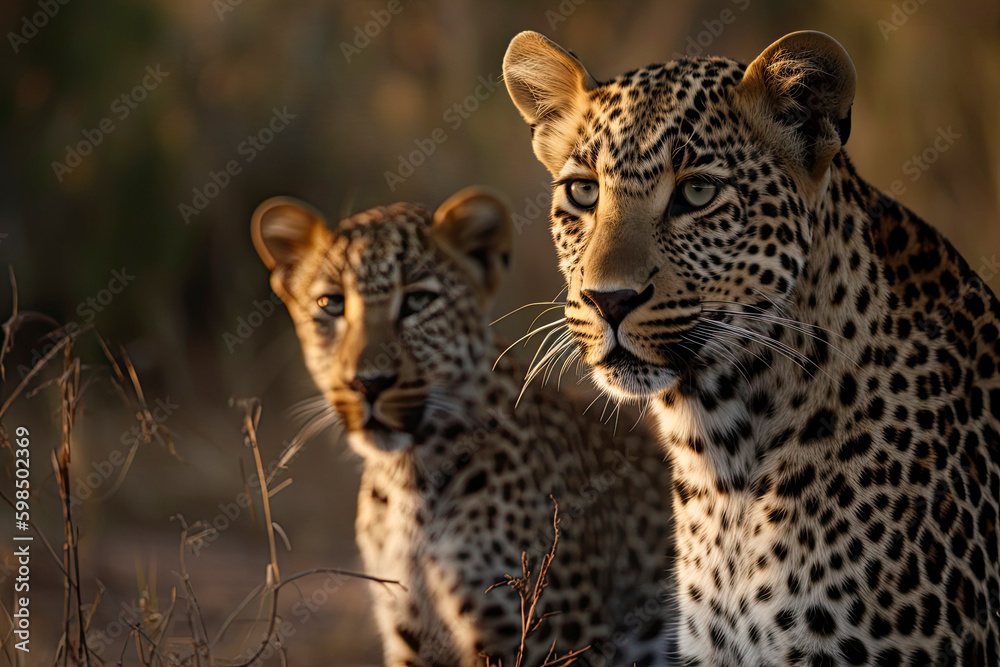 A Female Leopard and her cub seen on a safari in South Africa A Female Leopard and her cub seen on a safari in South Africa