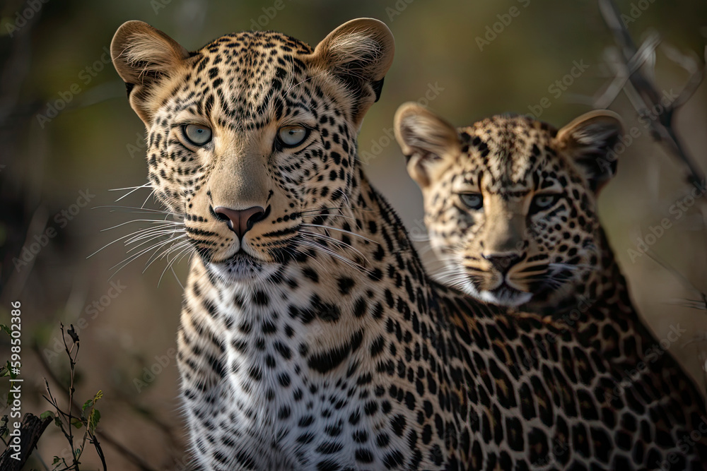 A Female Leopard and her cub seen on a safari in South Africa A Female Leopard and her cub seen on a safari in South Africa