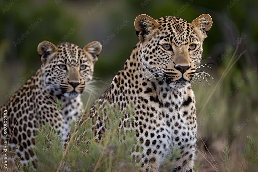 Fototapeta premium A Female Leopard and her cub seen on a safari in South Africa