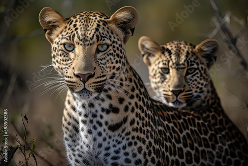 A Female Leopard and her cub seen on a safari in South Africa