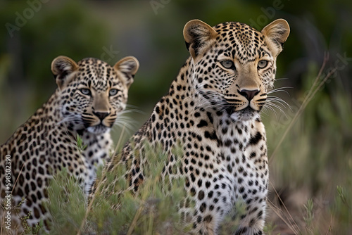 A Female Leopard and her cub seen on a safari in South Africa