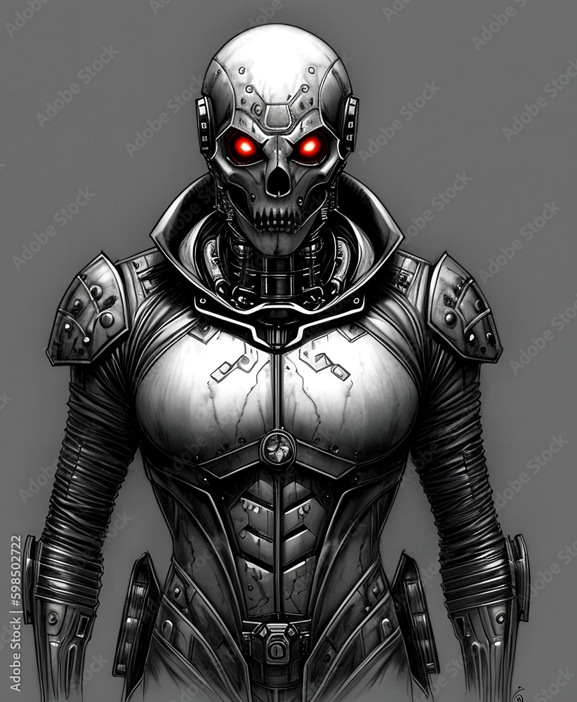 Cyborg with glowing red eyes, close up. Digital illustration. Generative AI. Cyborg with glowing red eyes, close up. Digital illustration. Generative AI.