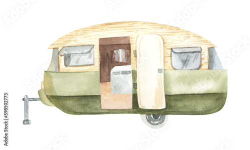 Retro camper van with green plant pots isolated on white background. Classic trailer, vintage house on wheels. Watercolor illustration, hand dawn clipart.