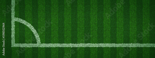 Top view of realistic soccer pitch corner. Vector illustration of white lines drawn on green grass of football field. Natural or artifical turf texture background. Place for sports match, competition