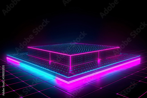3d render, abstract background, glowing dots, screen pixels, neon lights, virtual reality