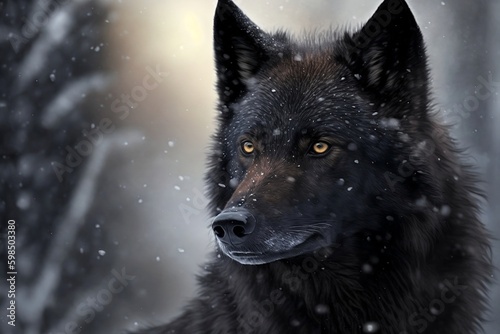A Close-Up Portrait of a Black Wolf in Winter Snow. Generative AI