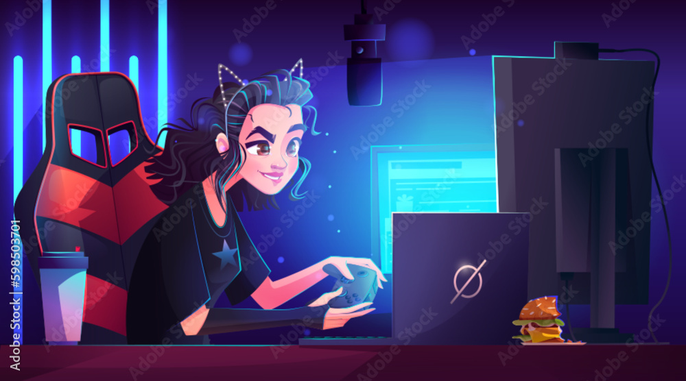 Girl computer gamer character cartoon vector background. Woman play online game in neon room with professional equipment for streaming video with microphone. Streamer workplace with desk and laptop Girl computer gamer character cartoon vector background. Woman play online game in neon room with professional equipment for streaming video with microphone. Streamer workplace with desk and laptop