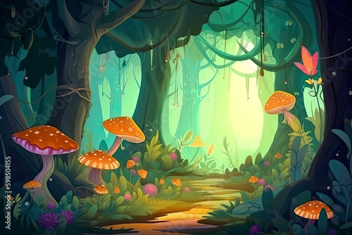Morning Forest. Video Game s Digital CG Artwork  Concept Illustration  Realistic Cartoon Style Background