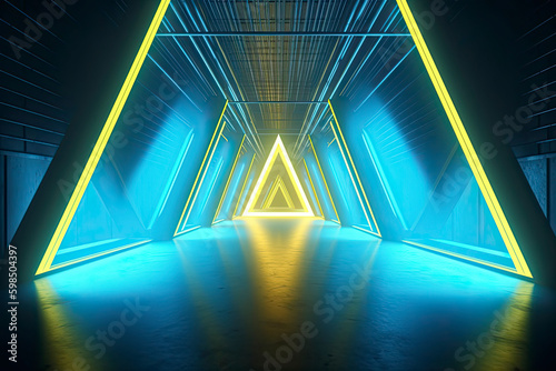 Neon Laser Triangle Circle Arc Alien Spaceship Tunnel Corridor Background Pantone Blue Yellow Stage Podium