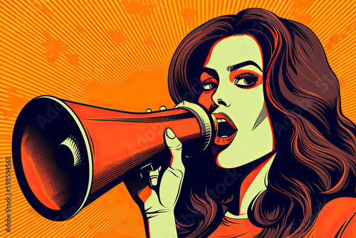 Pop art girl with megaphone. Woman with loudspeaker. Advertising poster with lady announcing discount
