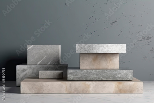 Product setting podium rough stone slabs, marble counter concrete table and stone shelves