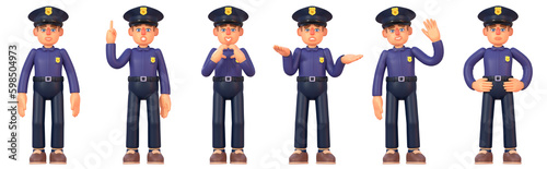 3d render of policeman in various situations, showing diverse emotions, gestures