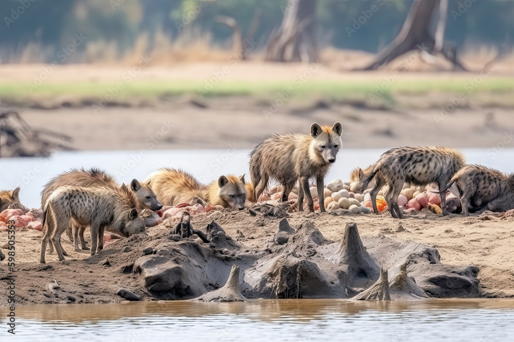 Spotted hyena on the river bank sniffing at dead hippo carcass lying in the water. Scavengers seen on African safari Spotted hyena on the river bank sniffing at dead hippo carcass lying in the water. Scavengers seen on African safari