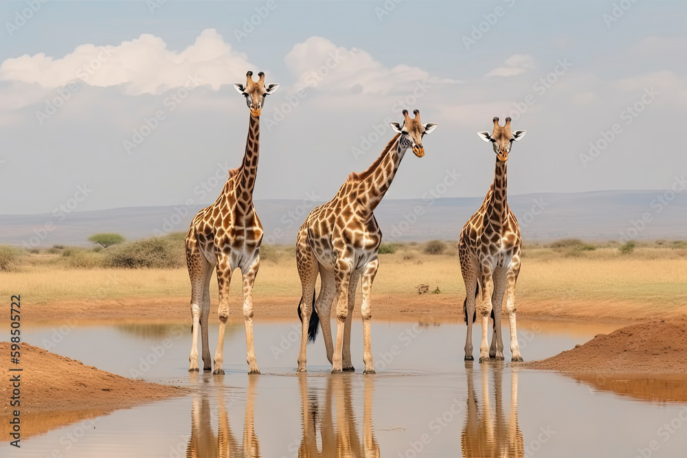 Obraz premium Three reticulated giraffes wait in line at waterhole