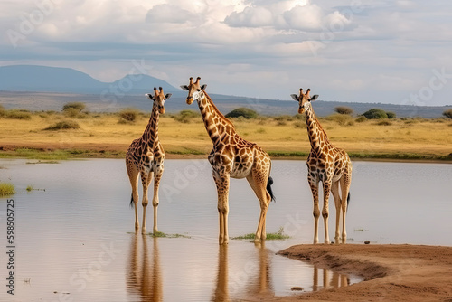 Three reticulated giraffes wait in line at waterhole