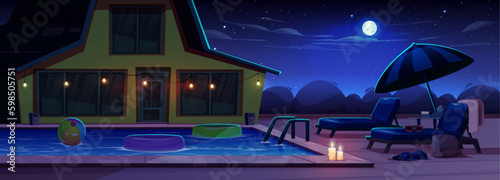 Cartoon beach house with swimming pool in backyard at night. Vector illustration of poolside area with chaise lounges, umbrella, candles, rubber ball and ring on water, dark sky with moon and stars