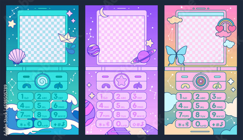 Cute old flip phone backgrounds set. Kawaii stories templates. Social media frames set. 2000s aesthetic, nostalgia vector design, Y2K girly style