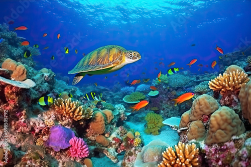 underwater coral reef with colorful fish and turtle. marine life © surassawadee