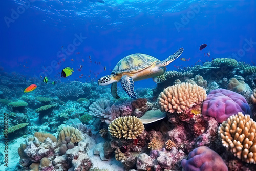 underwater coral reef with colorful fish and turtle. marine life