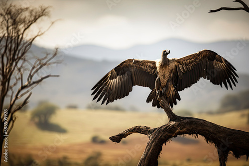 White-backed Vulture  Gyps africanus  spreading wings standing on a branch