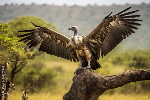 White-backed Vulture (Gyps africanus) spreading wings standing on a branch