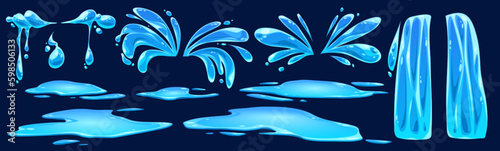 Cartoon set of water splash, puddle, drops, waterfall, river flow isolated on dark blue background. Vector illustration of liquid spray droplets, rain, tears, aqua explosion, spill on wet surface