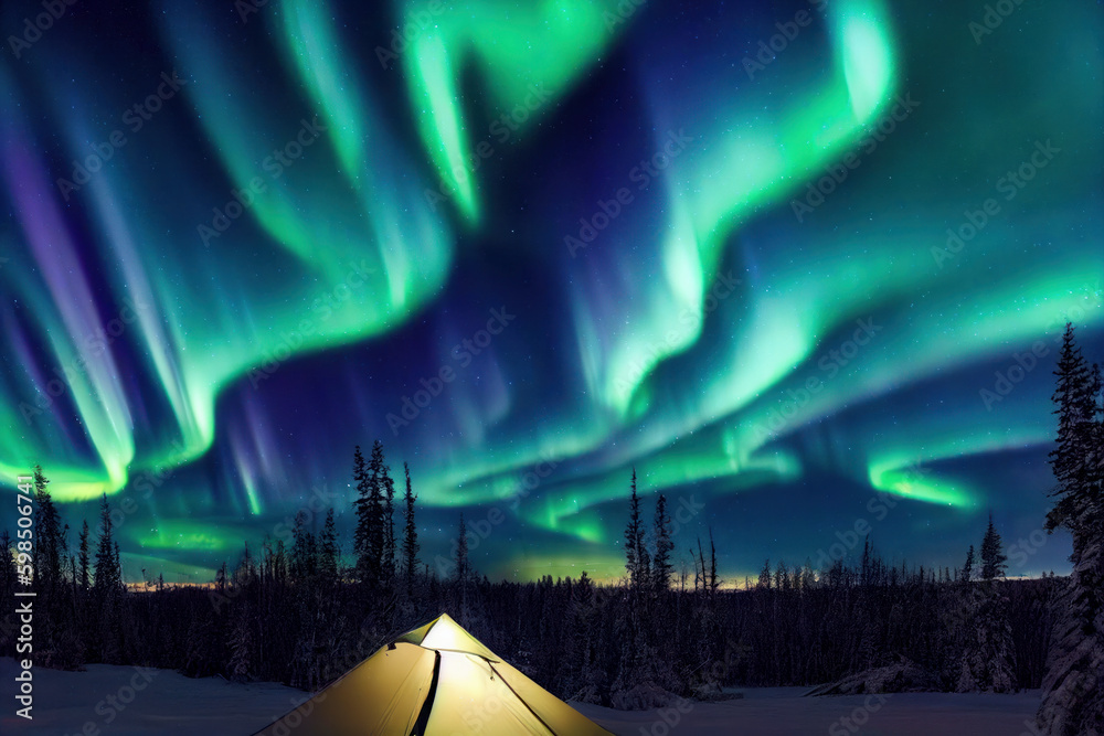 Glowing camping tent under a beautiful sprawling green northern lights aurora, travel adventure landscape, generative ai